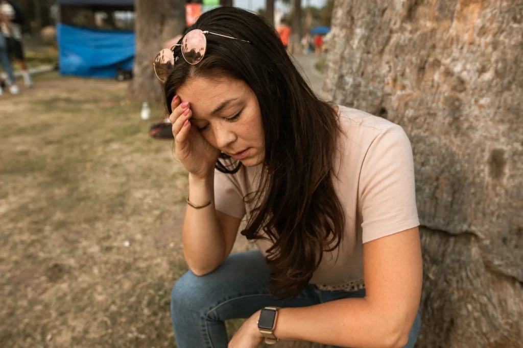 Woman crouching by wall with her head in hand